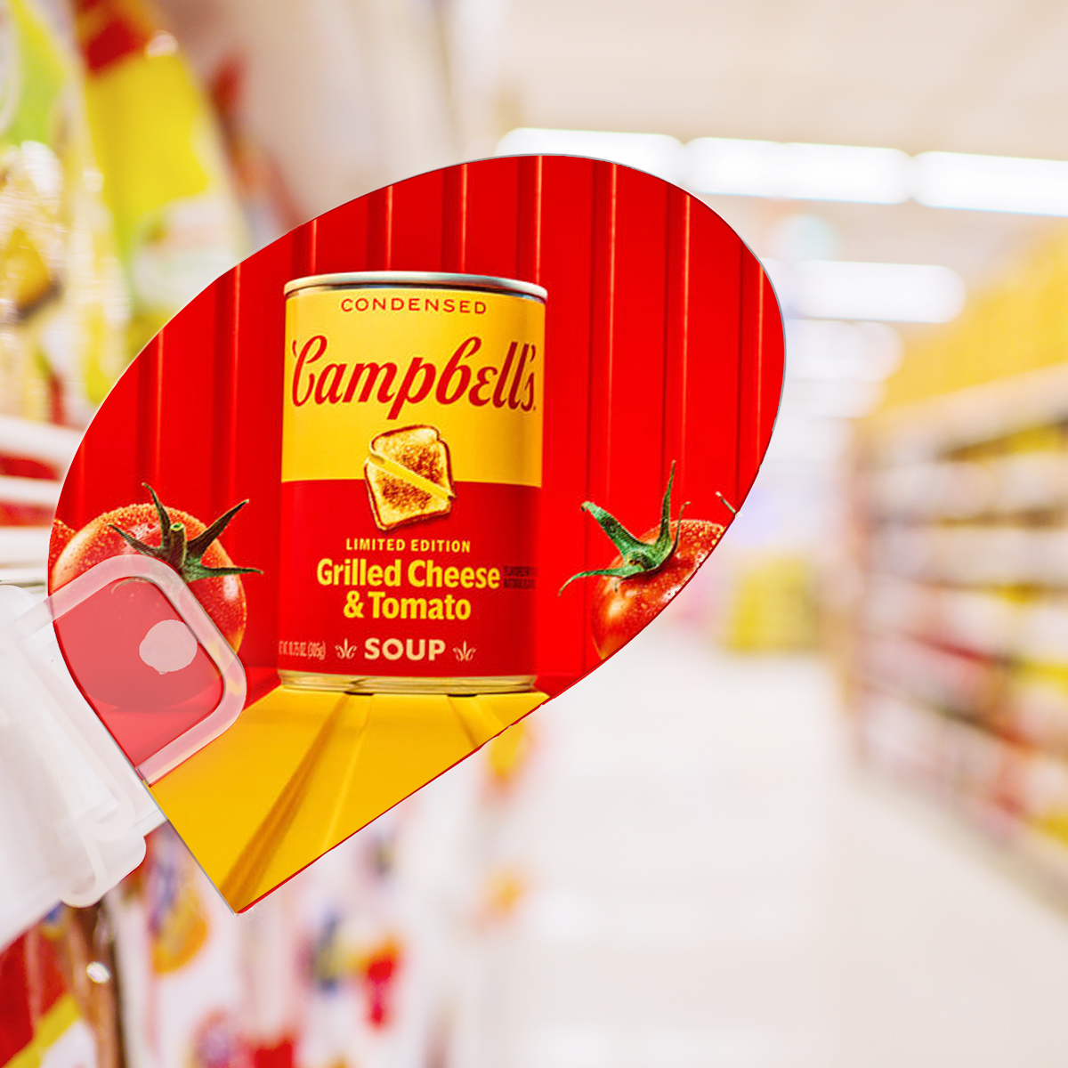 Mock up blank red discount tag on the products shelves in supermarket
